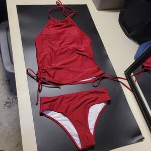 Solid Tummy Control Drawstring Side Tankini Set Red